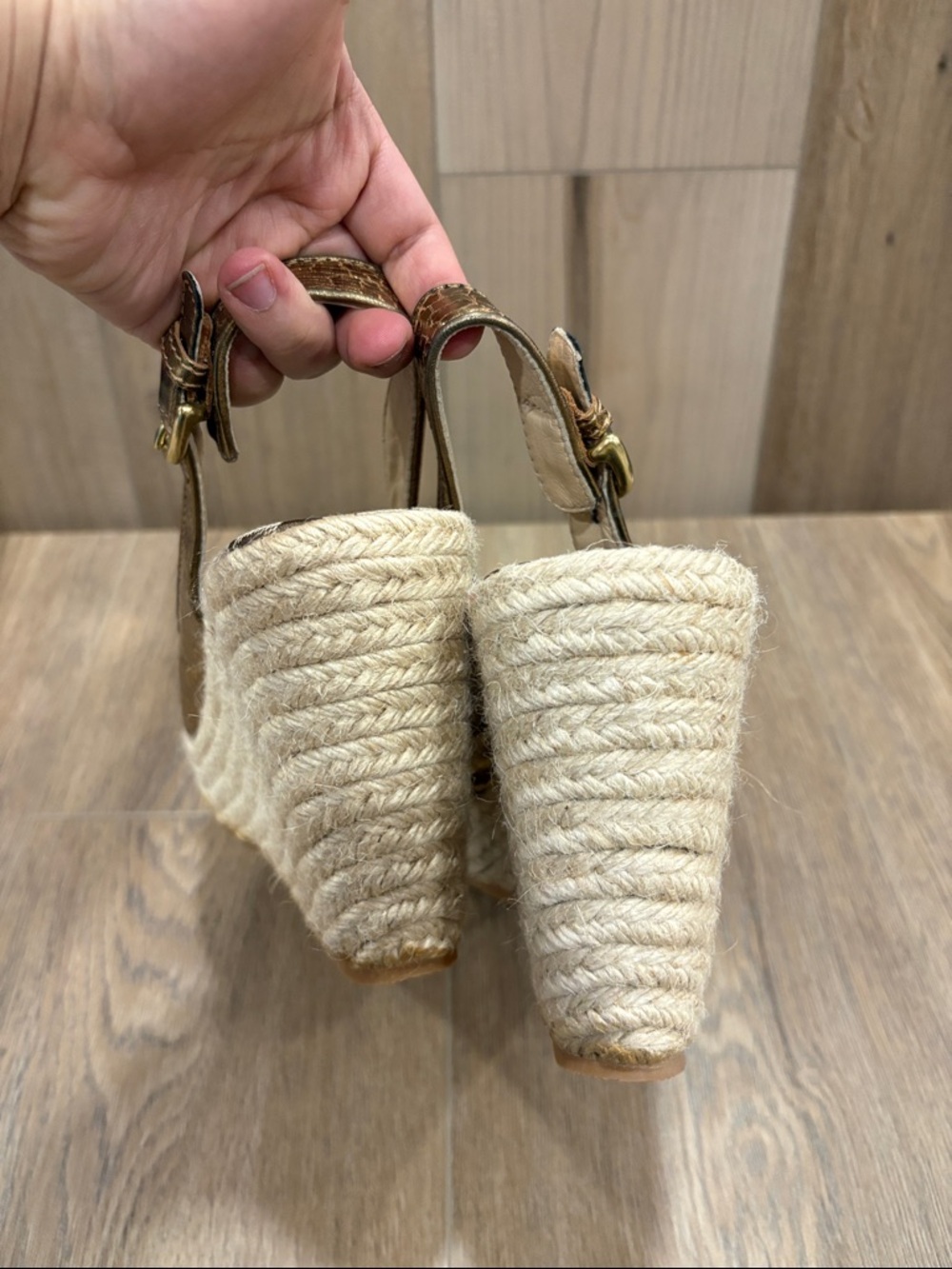 Coach Ireland Crackled Gold Leather Slingback Platform Wedge Espadrille Karisa 8 - Picture 4 of 12